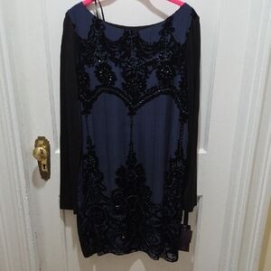 Hale Bob Navy and Black Embroidered Long Sleeve Dress BOUTIQUE LO